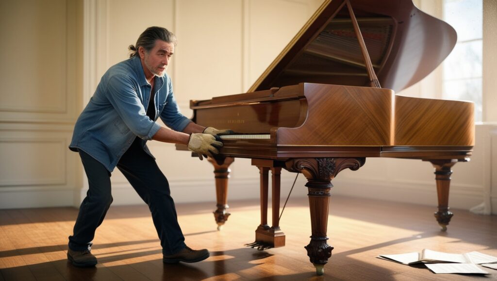 Man moving a piano in a living room in Colorado Springs